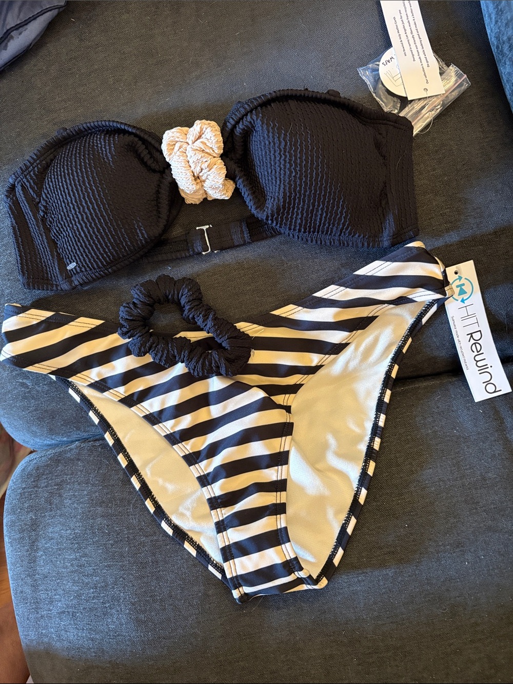 Rewind Black Bandeau Bikini Set with Black & White Striped Bottoms